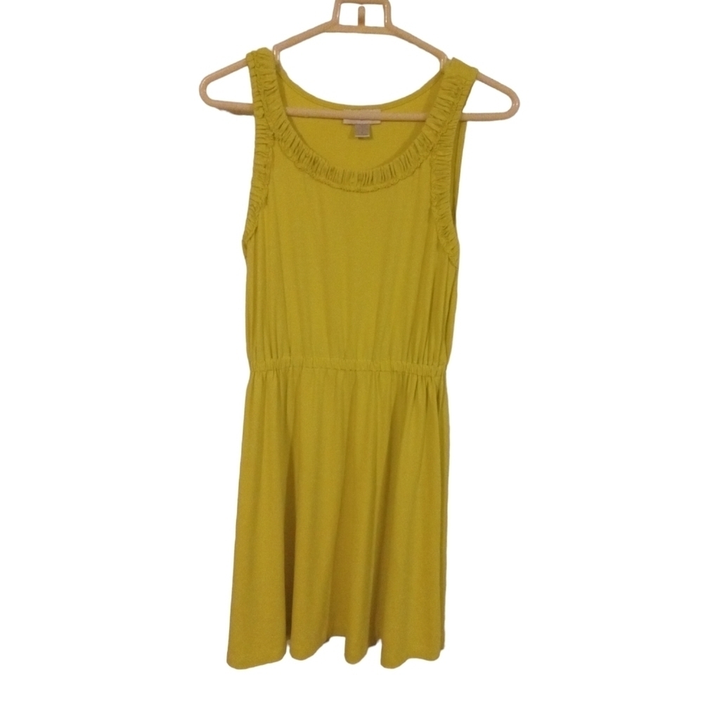 Casual Dress Loft Yellow Ruched Trim Neckline Elastic Waistband Midi Summer S
